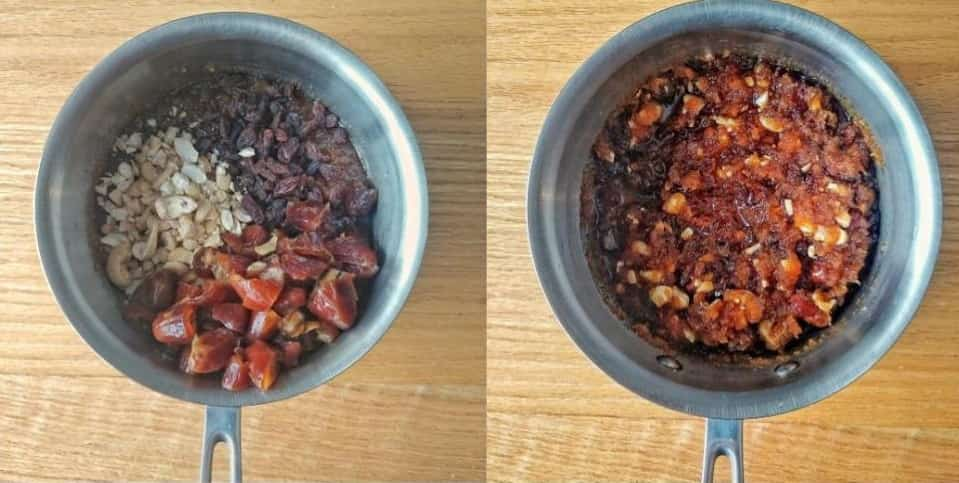 Sri Lankan Coconut Cake / Bibikkan Pani pol with dried fruits and nuts in an all-clad saucepan.