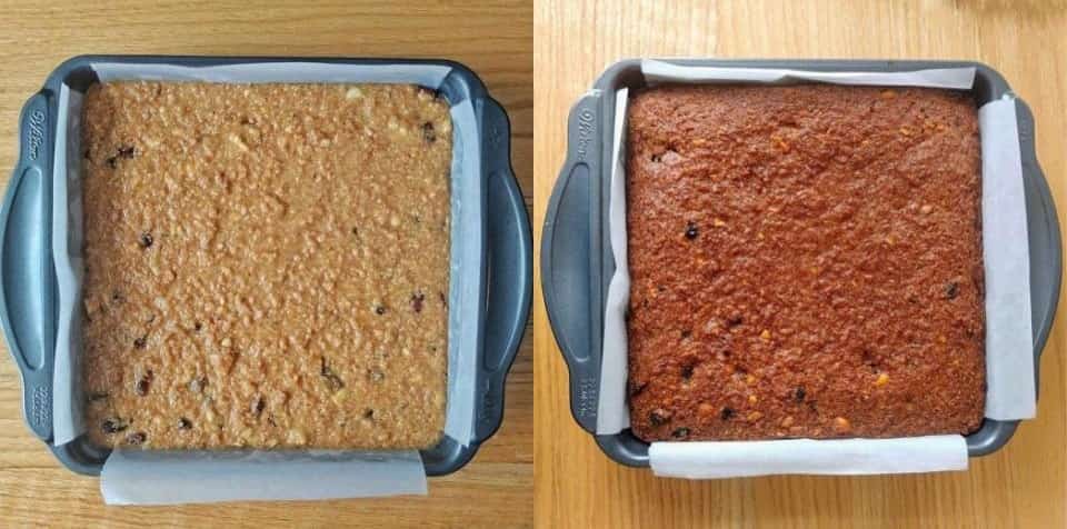 Sri Lankan Coconut Cake / Bibikkan in wilton tray before and after baking.