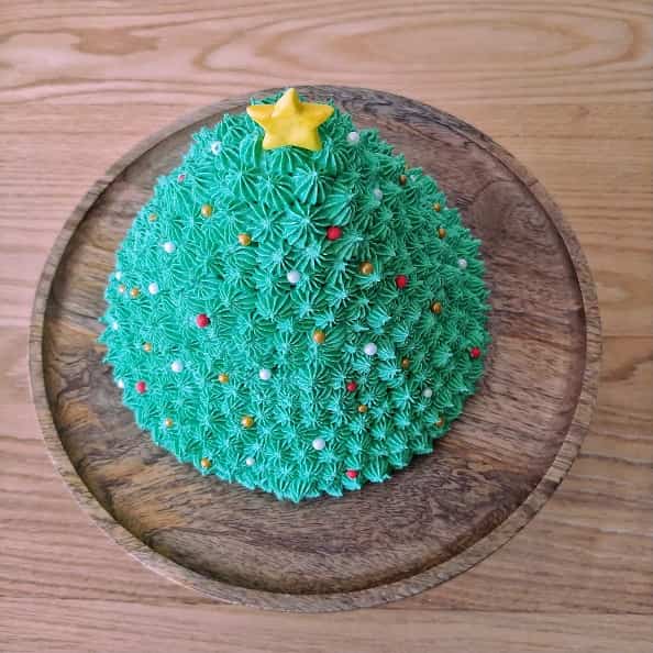 Christmas tree cake decorated with cake sprinkle mix.