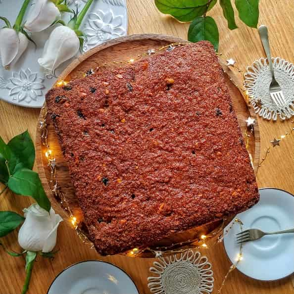 Sri Lankan Coconut Cake or Bibikkan displayed on a table.