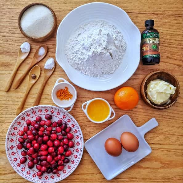 Muffin ingredients on display for Cranberry Orange Muffin.