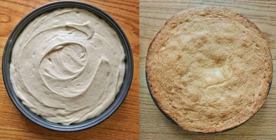 Pineapple Upside-Down Cake before baking and after baking.