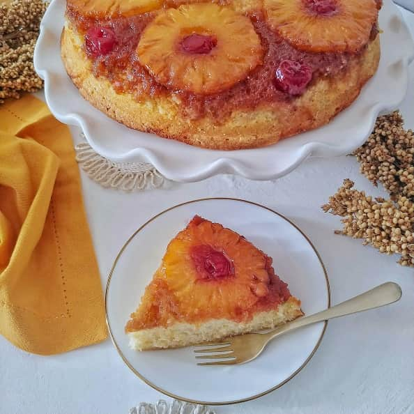 Close up picture of a Pineapple Upside-Down cake slice.