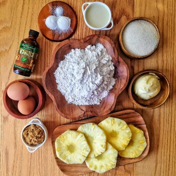 Ingredients for a Pineapple Upside-Down Cake on display.