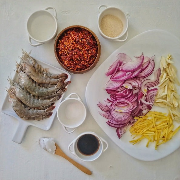 Ingredients on display to make Sri Lankan Shrimp Chili Paste recipe.