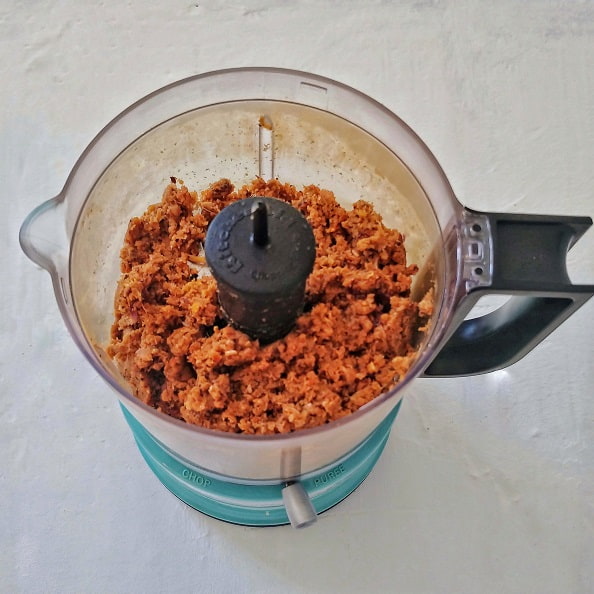 Sri Lankan Shrimp Chili Paste preparation with a Kitchen aid mini food processor.