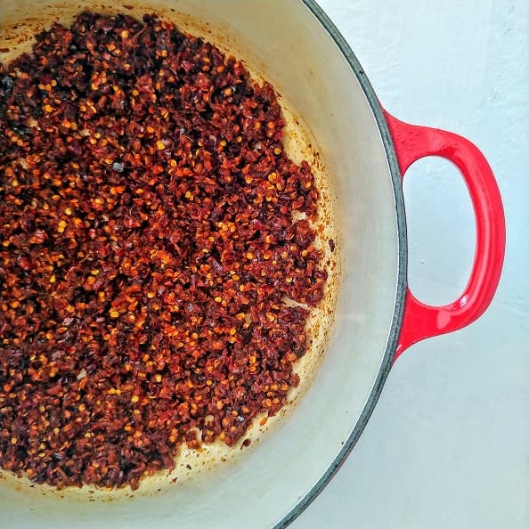 Sri Lankan Shrimp Chili Paste in a Le creuset pan.