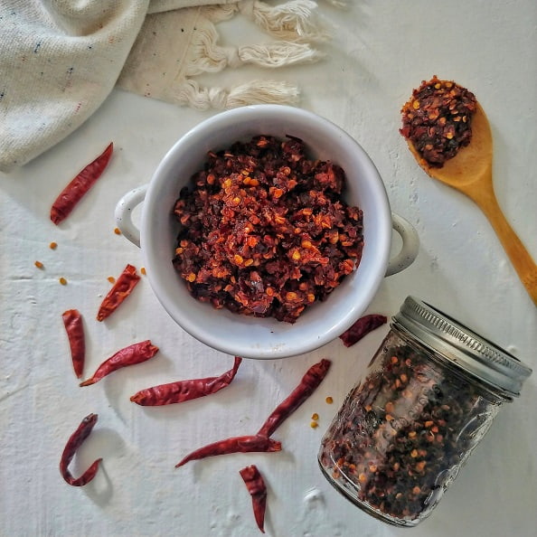 Sri Lankan Shrimp Chili Paste on display with filled up mason jar.