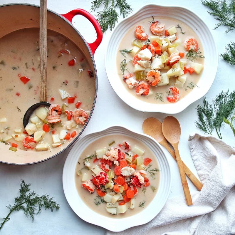 Dairy-Free Seafood Chowder served in bowls.