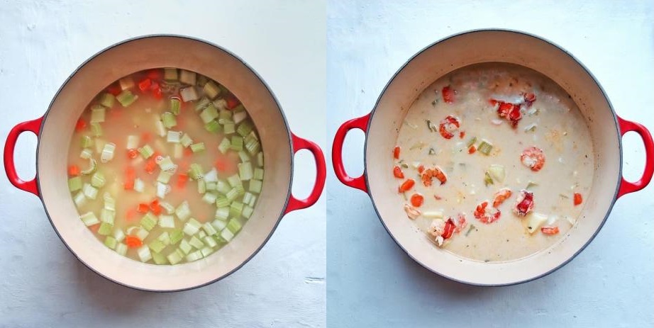 Dairy free seafood chowder in a pot. Before cooking and after.