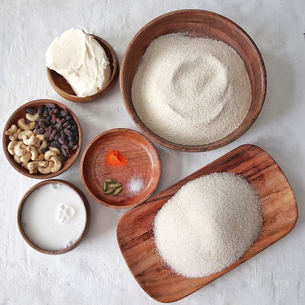 Ingredients for a Dairy free rava Kesari  / semolina sweet.