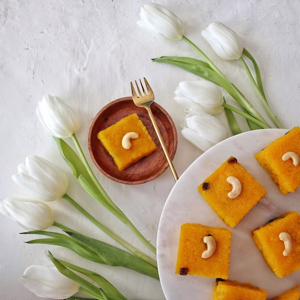 Dairy free rava Kesari on platter