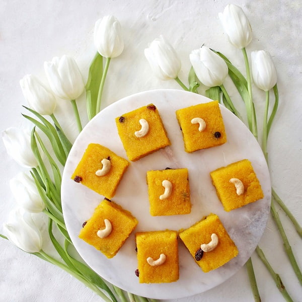 Dairy free  rava Kesari with tulip flower decoration.