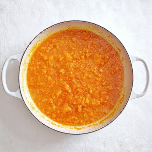 Dairy free rava Kesari preparation- le creuset braiser used for cooking.