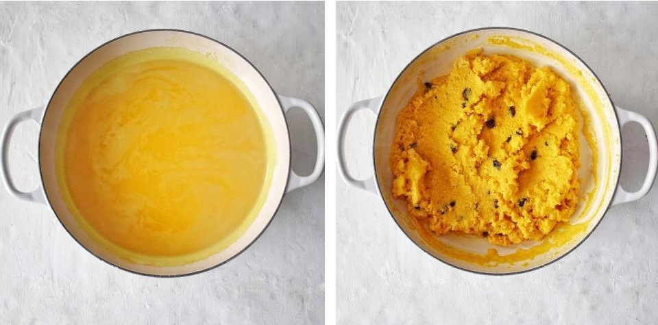 Dairy free rava Kesari preparation- Le creuset braiser.